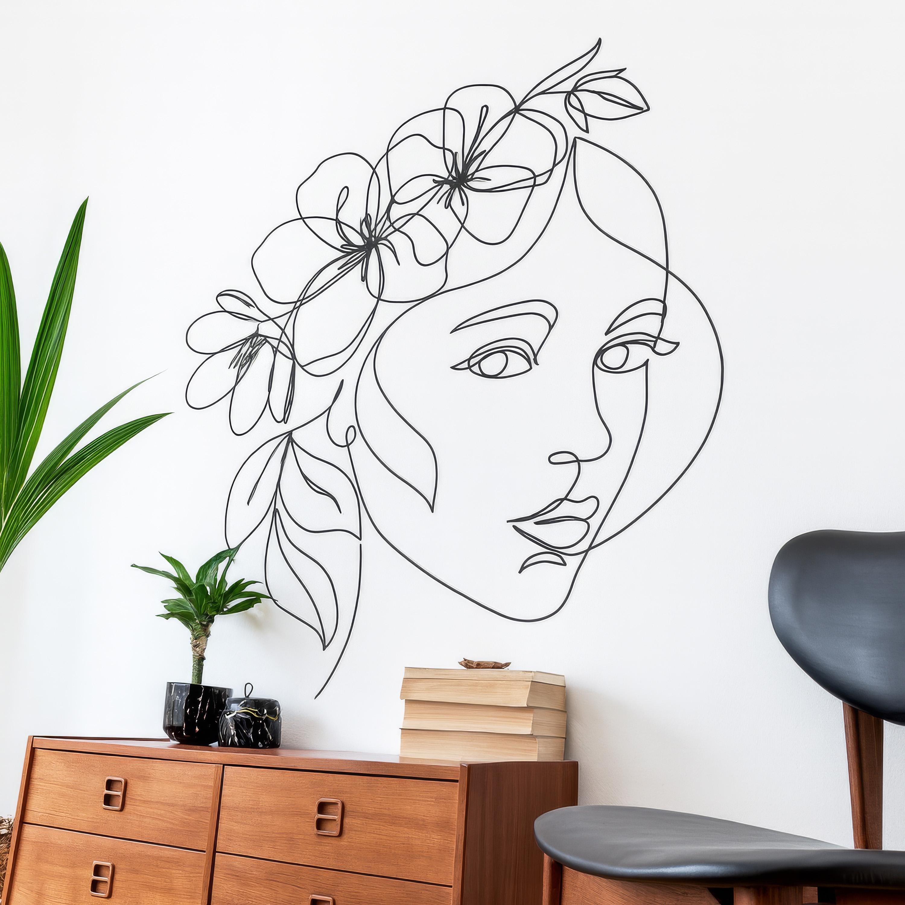 Large Minimalist Floral Face Line Art Wall Decal, Woman Portrait Vinyl ...