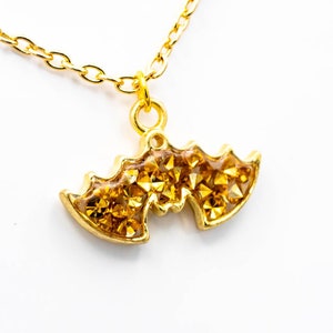 Crystal Bat Chain Necklace - Golden Rhinestone Crystal Filled Bat - Choose Length of Your Choice