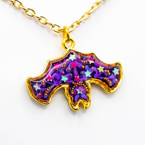 Starry Bat Chain Necklace - Violet Iridescent Glitter Stars Hand Painted Pattern - Choose Length of Your Choice