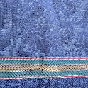 Upholstery Fabric, Navy blue on blue with white, red, green, and tan stripes, 56&quot; wide, sold by the yard