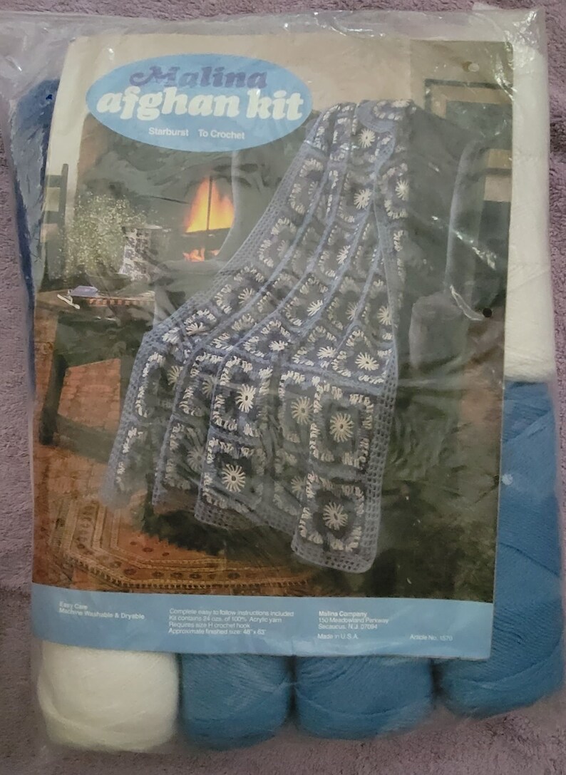 Vintage Malina Afghan Kit, Starburst to Crochet, Blues and White, New ...