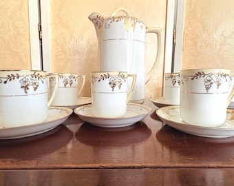 Nippon 175 Hand Painted Gold Chocolate Pot with 5 Cups & Saucers 1890-1921
