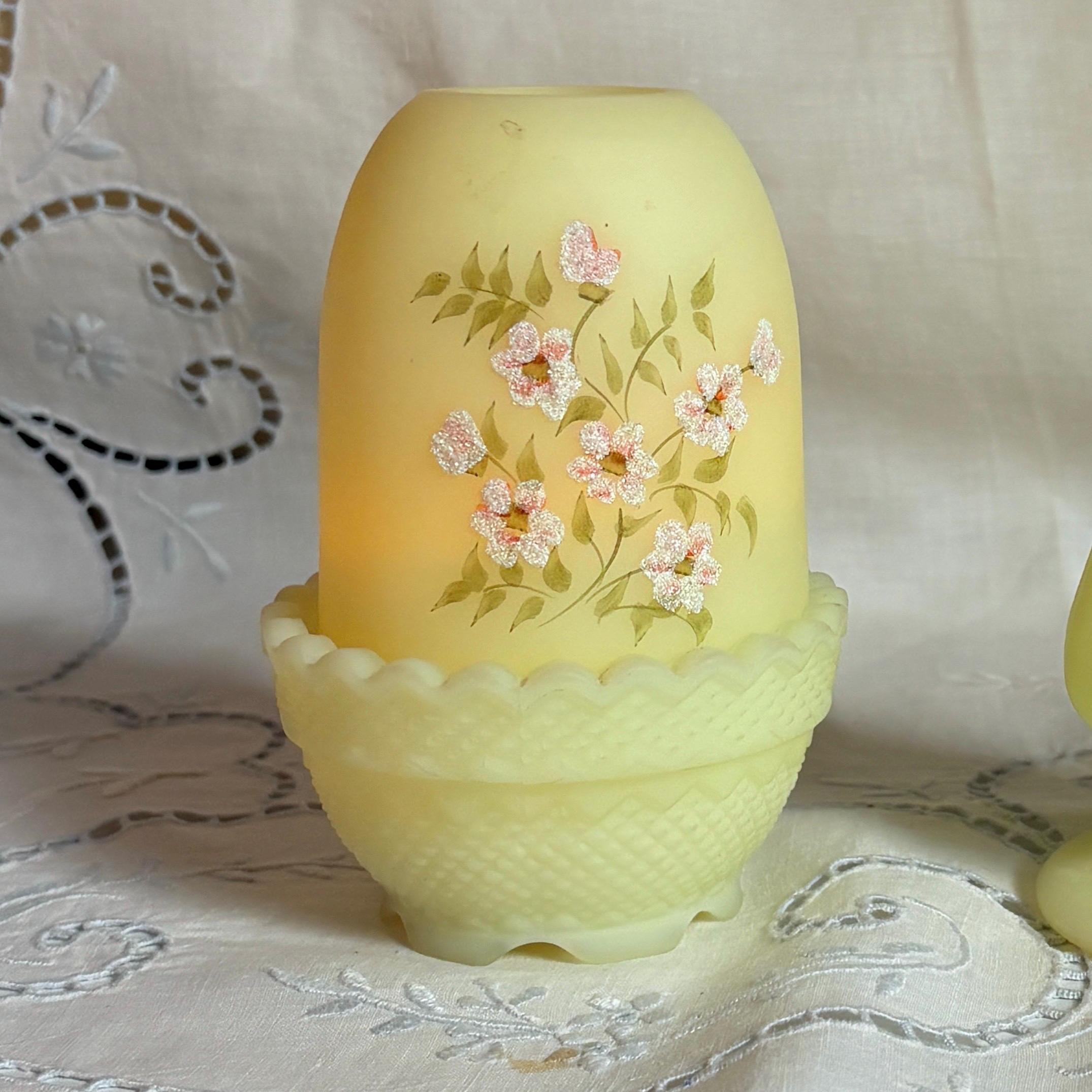 Fenton Fairy Lamp Custard Glass Hand Painted Signed Satin Finish