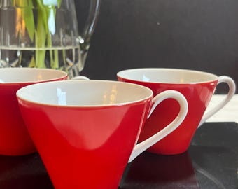 Harmony House (4) Cherry Red Coffee Cups MCM red with white rim