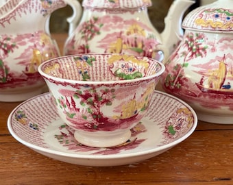 Petrus Regout Fancy Tea Set Pink Chinoiserie Cups Saucers Teapot Sugar Creamer Holland