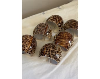 Vintage Tiger Cowrie Shell Napkin Rings Set Of 6 Coastal Beach Table Decor