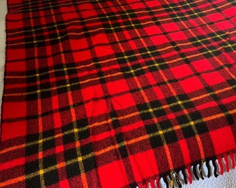 Vintage Wool Tartan Throw Blanket Red Black Plaid Fringed Lap Blanket Likely Faribo 52x52”