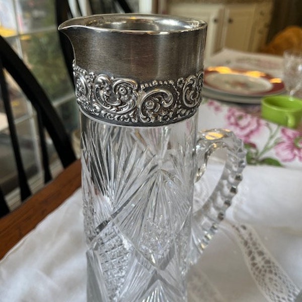 Sterling and Cut Glass Martini Pitcher Repousse Rim, stamped, 10.5" Tall