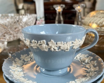 Wedgwood Queens Ware Blue Embossed with cream detail Teacup and two saucers