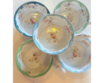 Vintage Porcelain Painted Handled Ramekins Set of 5 Floral Gold Custard Dishes