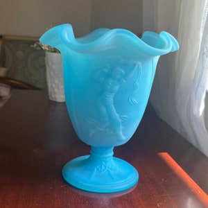 Fenton Dancing Ladies Peking Blue Satin Footed Vase with Ruffled Rim