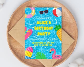 Editable Pool Party Birthday Invitation | Summer Splash Canva Template (Digital)