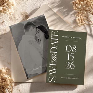 Save the Date Canva Template, Olive Green Modern Chic Wedding, Digital Download | MC-01