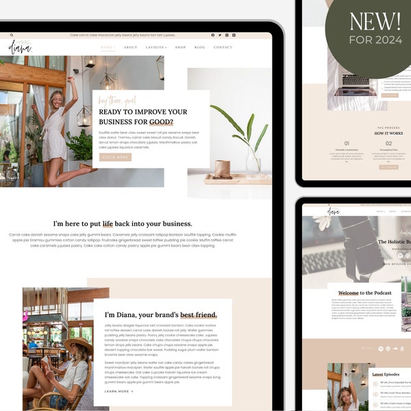 NEW Feminine Wordpress Theme 2024 | DIANA | Kadence Child Theme | Responsive Website for Bloggers, Podcasts, Courses, Coaches, Influencers