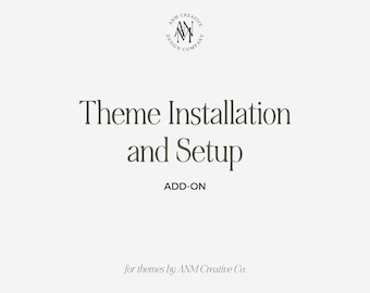 May include: A white background with a green logo for ANM Creative Company. The text "Theme Installation and Setup" is in a dark green font. The text "ADD-ON" is in a smaller font below the main text. The text "for themes by ANM Creative Co." is in a smaller font at the bottom of the page.