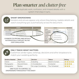 May include: A digital document with the text "Plan smarter and clutter-free." The document shows vendor lists, dropdown menus, and a cost simulator. The document is designed to help organize wedding planning details.