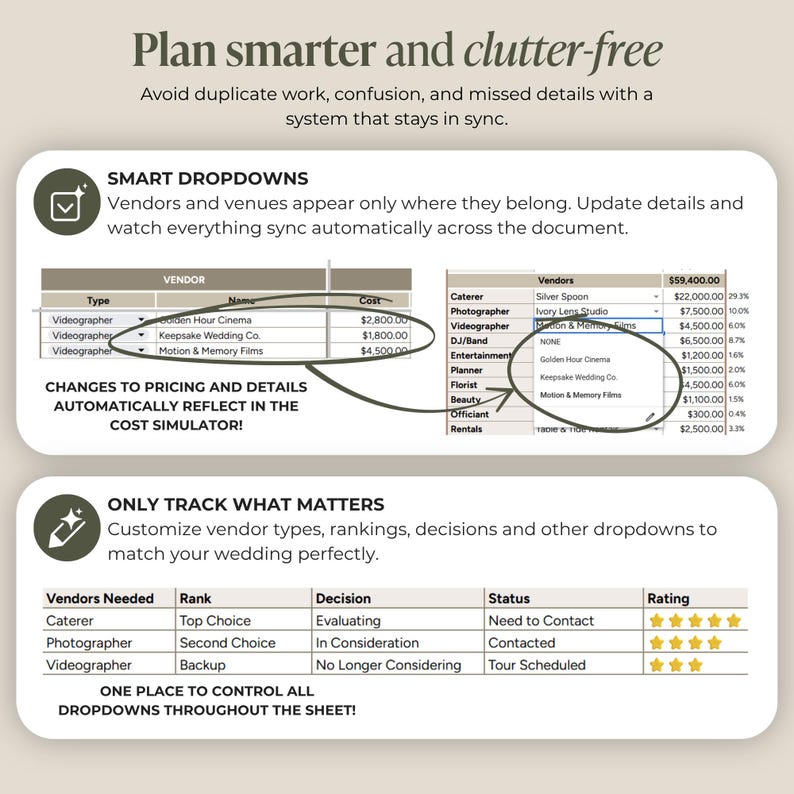 May include: A digital document with the text "Plan smarter and clutter-free." The document shows vendor lists, dropdown menus, and a cost simulator. The document is designed to help organize wedding planning details.