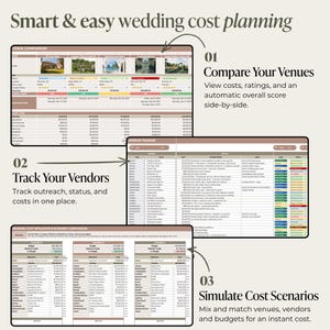 May include: A digital wedding cost planning tool with the text "Smart & easy wedding cost planning." The image shows spreadsheets for comparing venues, tracking vendors, and simulating cost scenarios. The tool helps users plan and manage wedding budgets.