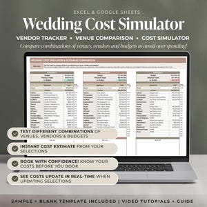 Puede incluir: Una pantalla de portátil muestra una hoja de cálculo de simulador de costos de boda. El texto dice "Wedding Cost Simulator" e incluye opciones para el seguimiento de proveedores, la comparación de lugares y la simulación de costos. La hoja de cálculo muestra diferentes escenarios con presupuestos y totales de selección.