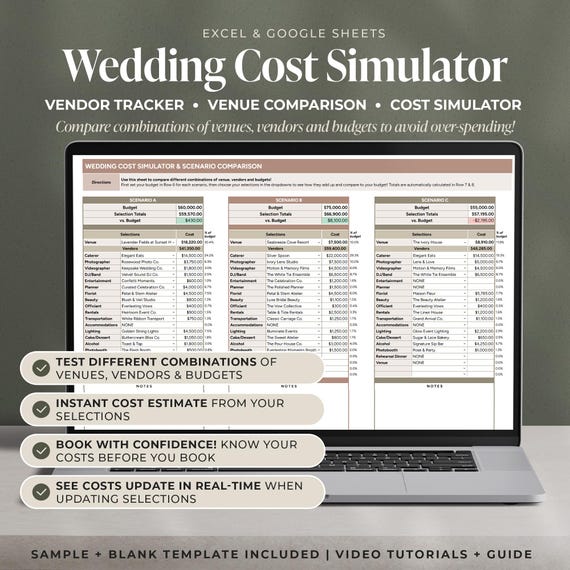Wedding Budget Cost Simulator, Venue Comparison, Vendor Tracker for Googe Sheets and Excel