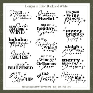Lot de verres à vin de Noël SVG, cadeau de dernière minute à faire soi-même pour les amateurs de vin, conceptions de vins modernes avec citations drôles, sac à vin de vacances bricolage