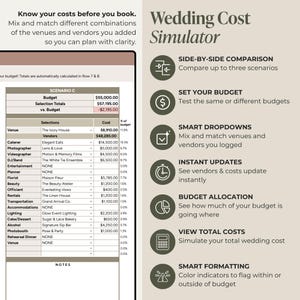May include: A wedding cost simulator with a side-by-side comparison feature. The interface includes options to set a budget, use smart dropdowns, and view instant updates. A detailed breakdown of costs for various vendors is displayed.