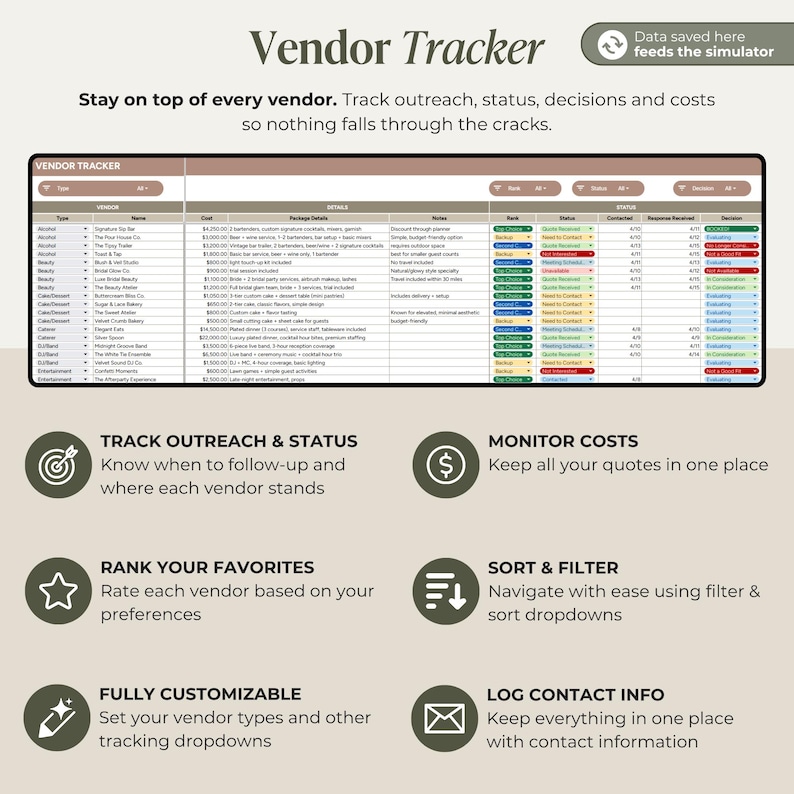 May include: A digital vendor tracker with a spreadsheet layout, featuring columns for vendor details, status, and costs. The text "Vendor Tracker" is at the top. Additional text highlights features like tracking outreach, monitoring costs, and sorting vendors.