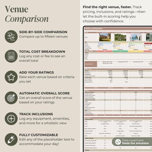 May include: A digital venue comparison tool with a side-by-side comparison feature. The tool allows users to compare up to fifteen venues, track inclusions, and customize text. The text on the screen says "Venue Comparison".