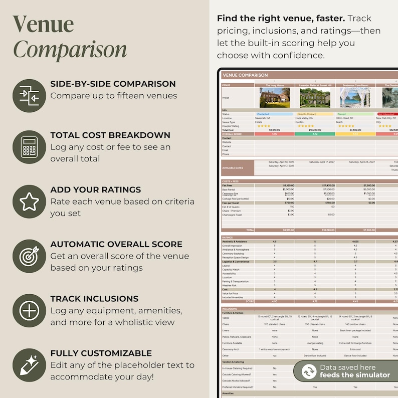May include: A digital venue comparison tool with a side-by-side comparison feature. The tool allows users to compare up to fifteen venues, track inclusions, and customize text. The text on the screen says "Venue Comparison".