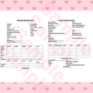 May include: A pink medical report sheet for a mother and infant. The sheet includes sections for vital signs, assessments, and to-do lists. The sheet is divided into two sections, one for the mother and one for the infant.