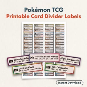 Könnte beinhalten: Ein Bogen mit druckbaren Pokémon TCG-Kartentrenner-Etiketten mit verschiedenen Set-Namen, Abkürzungen, Veröffentlichungsdaten und Serientiteln. Der Bogen enthält mehrere rechteckige Etiketten mit farbigen Rändern und Text, darunter Shrouded Fable, Sword & Shield Promos, Twilight Masquerade, Destined Rivals und 30th Celebration.