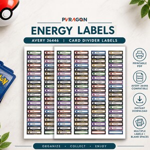 May include: A sheet of PVRAGON Energy Labels for Avery 36446 card dividers. The rectangular labels feature various elemental types like Grass, Fire, Water, and Psychic with corresponding icons. The sheet includes text for printable PDF, instant download, and compatibility.