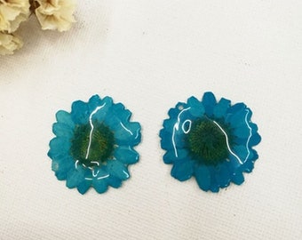 Real Flower Charm 2pcs blue Pressed Flower 3-5cm Resin Pendant Dired Flower earring charm Handmade making jewelry kw0576-7