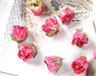 Real Flower Charm 2pcs pink rose Pressed Flower 1-3cm Resin Pendant Dired Flower earring charm Handmade making jewelry kw0543-2