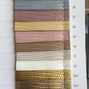 Può includere: Una scheda di campioni di colore con vari campioni di pelle strutturata. I campioni mostrano una gamma di colori, tra cui arancione, grigio, rosa, giallo e oro. Ogni campione ha un motivo in rilievo simile a quello di un rettile. La scheda è numerata.
