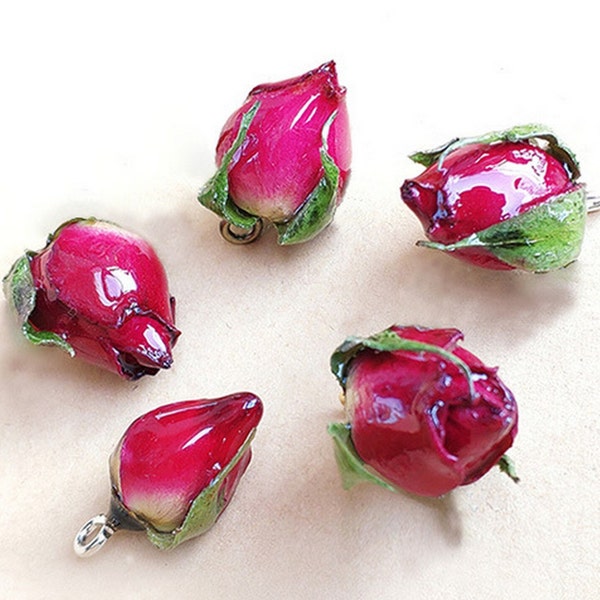 Real Flower Charm Deep red rose buds Pressed Flower 1-3cm Resin Pendant Dired Flower earring charm Handmade making jewelry kw0640-16