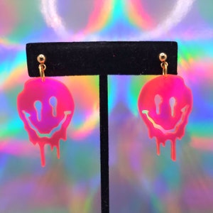 Florescent UV Reactive Melting Smiley Face Acrylic Earrings Size Small