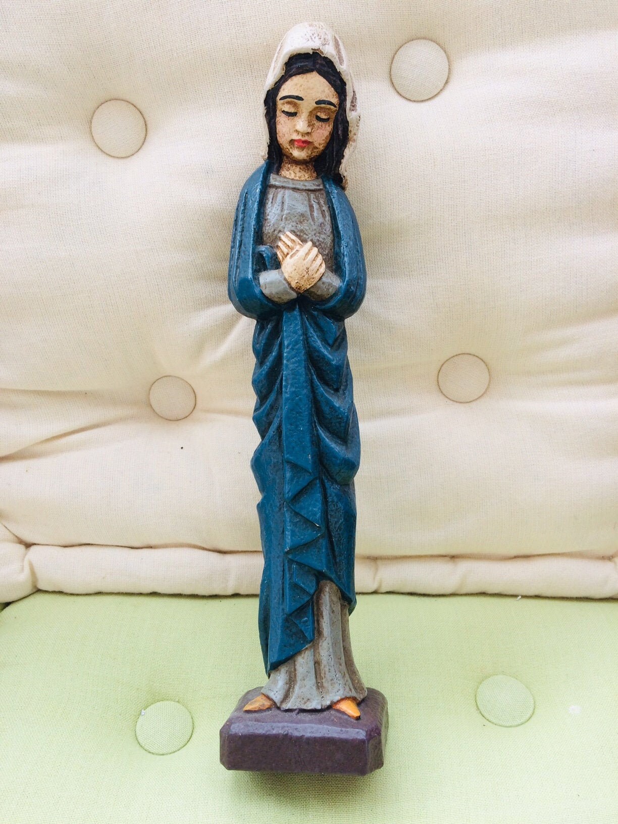 statuette Sculpture Religieuse Vierge Bois Peinte Artisanat Art Religion Spiritualité Maison Déco