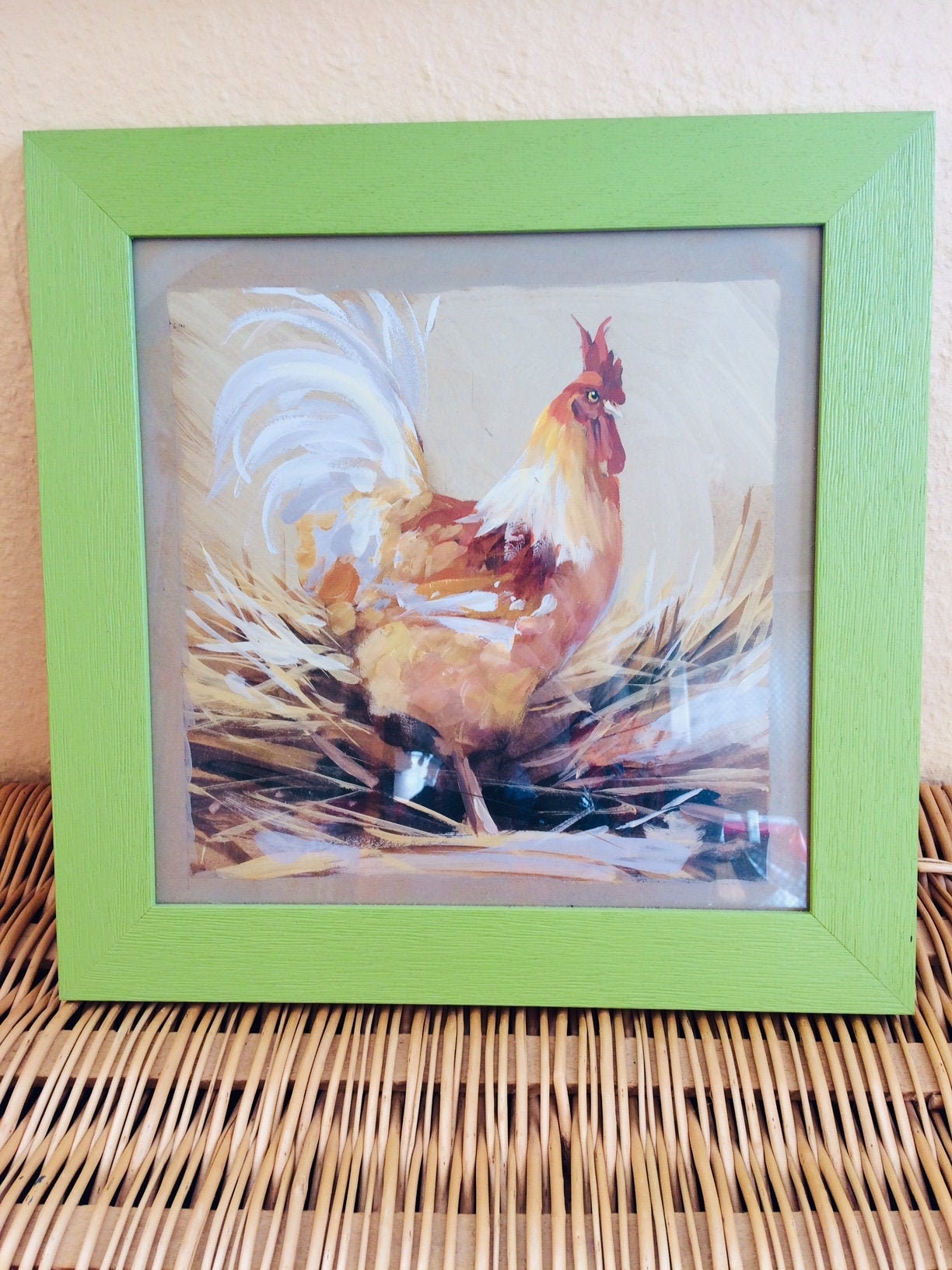 Cadre Peinture Gouache Fait Main Motif Poule Décoration Murale Cuisine Collection Poule