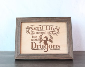 Funny Nerd Gift Dragon Sign – Wooden Fantasy Decor for Tabletop Gamers, Geek Game Room Art, DnD Lover Gift, Fantasy Book & Movie Fan Plaque