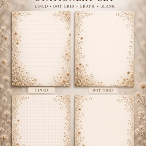 May include: A 4 piece Wildflower Stationery Set featuring four sheets of paper with beige wildflower borders. The set includes one lined sheet, one dot grid sheet, one graph sheet, and one blank sheet, all with matching floral designs.