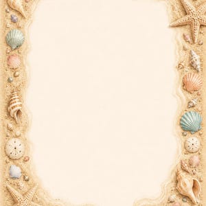 Può includere: Un bordo rettangolare per cancelleria con una texture sabbiosa e una varietà di conchiglie e stelle marine disposte lungo i bordi. Il centro è uno spazio vuoto color beige chiaro circondato da un motivo a sabbia ondulata.