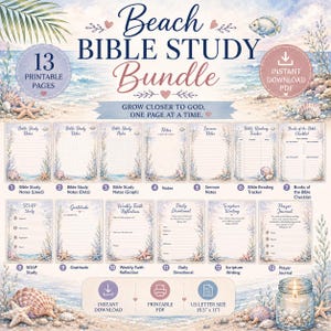 May include: A "Beach Bible Study Bundle" with 13 printable pages. The design features a beach theme with seashells, starfish, and ocean waves. Includes Bible study notes, a reading tracker, and a prayer journal. The pages are US Letter size (8.5" x 11").