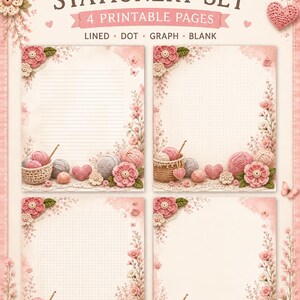 Op de afbeelding: Een haak-briefpapier set met vier printbare pagina's met gelinieerde, gestippelde, ruitjes en blanco lay-outs. Het ontwerp bevat roze garenbollen, gehaakte bloemen en hartjes op een crèmekleurige achtergrond met de tekst CROCHET STATIONERY SET.