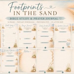 May include: A digital Bible study and prayer journal titled Footprints in the Sand, featuring 12 printable pages with beach-themed graphics, including crosses, seashells, and footprints. The layout includes sections for SOAP study, daily devotionals, and trackers.
