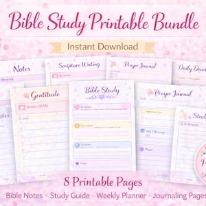 Puede incluir: Un conjunto de ocho páginas imprimibles para el estudio de la Biblia, que incluyen notas, escritura de las Escrituras y diarios de oración. Las páginas tienen una suave combinación de colores pastel con elementos decorativos y el texto "Bible Study Printable Bundle".