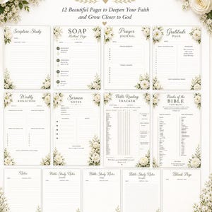 May include: A printable Bible study bundle featuring 12 pages with floral accents. Includes pages for scripture study, prayer journals, sermon notes, and Bible reading trackers. The pages are 8.5" x 11" and available for instant download.