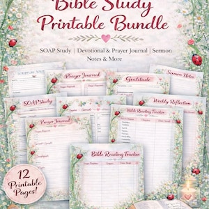 Bibelstudie druckbares Bundle, christlicher Planer Seiten, SOAP Studie, Schriftschreiben, Gebetstagebuch, Bibellese-Tracker, Blumenmarienkäfer