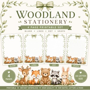 Woodland Stationery Printable | Blank, Lined, Dot Grid & Graph Paper | Cute Woodland Animals Writing Paper | US Letter PDF