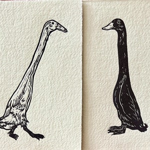 以下が含まれることがあります： 薄いベージュの背景に、白黒の2つのリノカット版画で描かれたアヒル。アヒルは互いに向き合っており、長い首をしています。